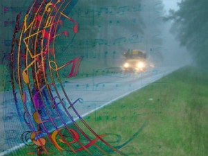 School bus in the rain with superimposed music notes