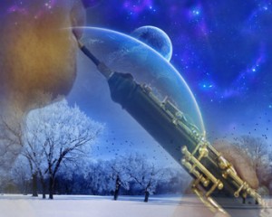 Oboe player superimposed over peaceful wintry landscape